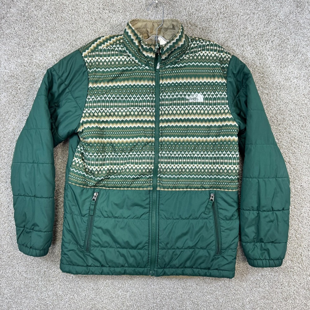 The North Face Puffer Jacket Youth XL Green Fair Isle Sherpa Lined Full Zip